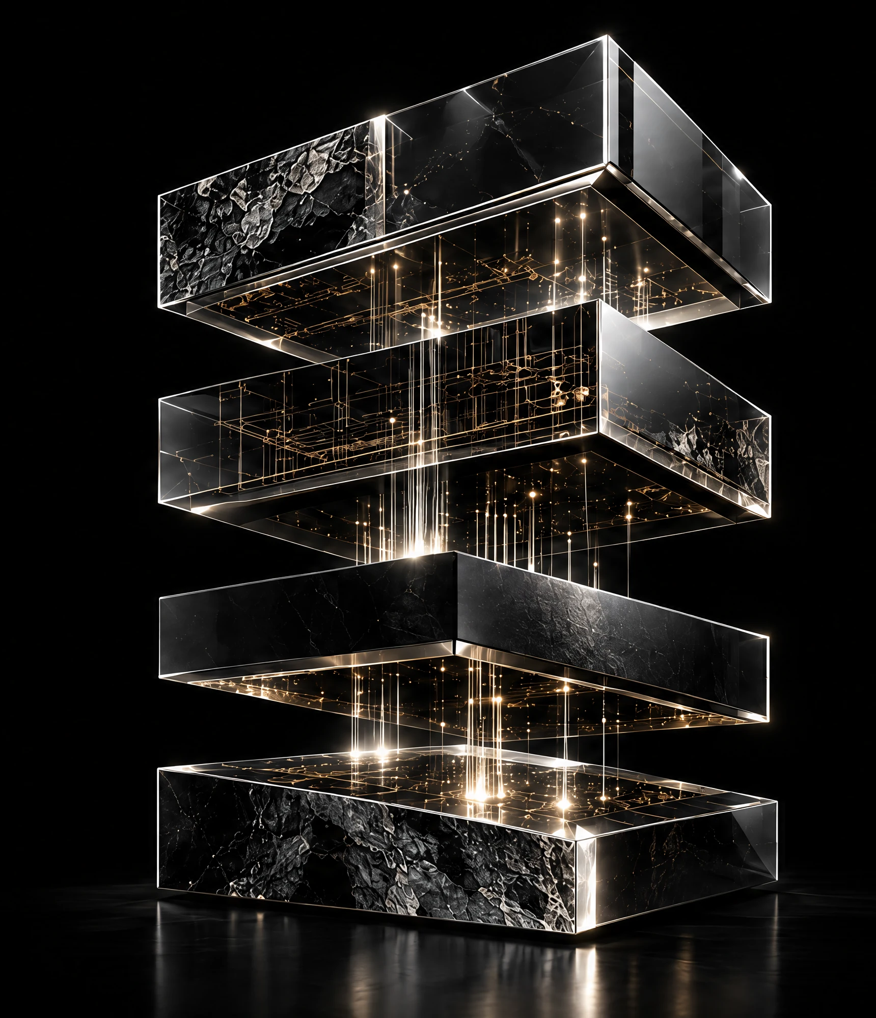 Four separated architectural layers of black marble and glass, linked by fine illuminated lines.